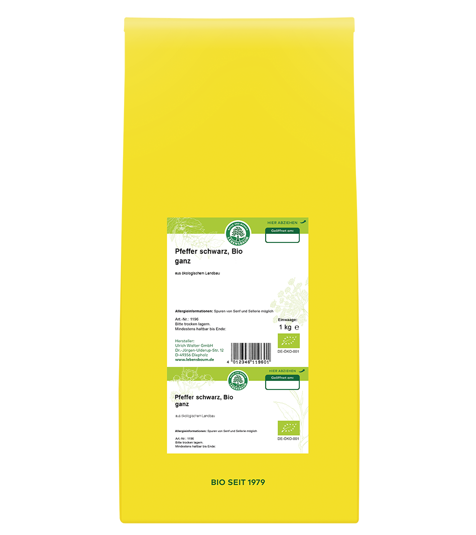 Schwarzer Bio-Pfeffer ganz, 1 kg Packung mit gelbem Hintergrund, Bio-Zertifikat und Herstellerangaben sichtbar