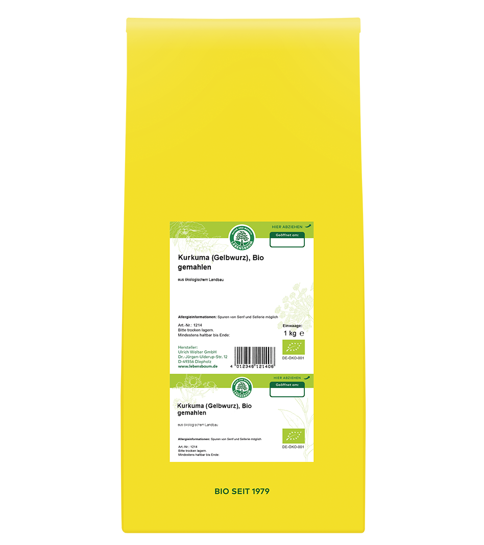 Bio Kurkuma Gelbwurz gemahlenes Pulver, 1 kg Packung mit gelbem Design und Bio-Zertifikat